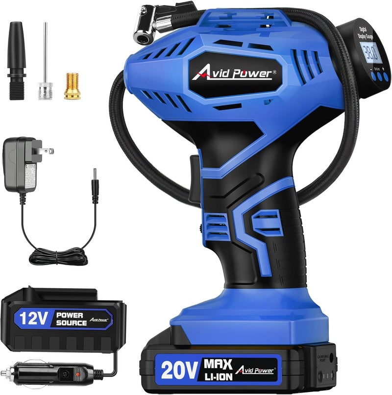 AVID POWER Cordless Tire Inflator Portable Air Compressor, 20V Rechargeable Battery Powered Car Tire Pump w/ 12V DC Adapter, Digital Pressure Gauge, Air Pump for Car, Bike, Motorcycle, Ball - Image 1